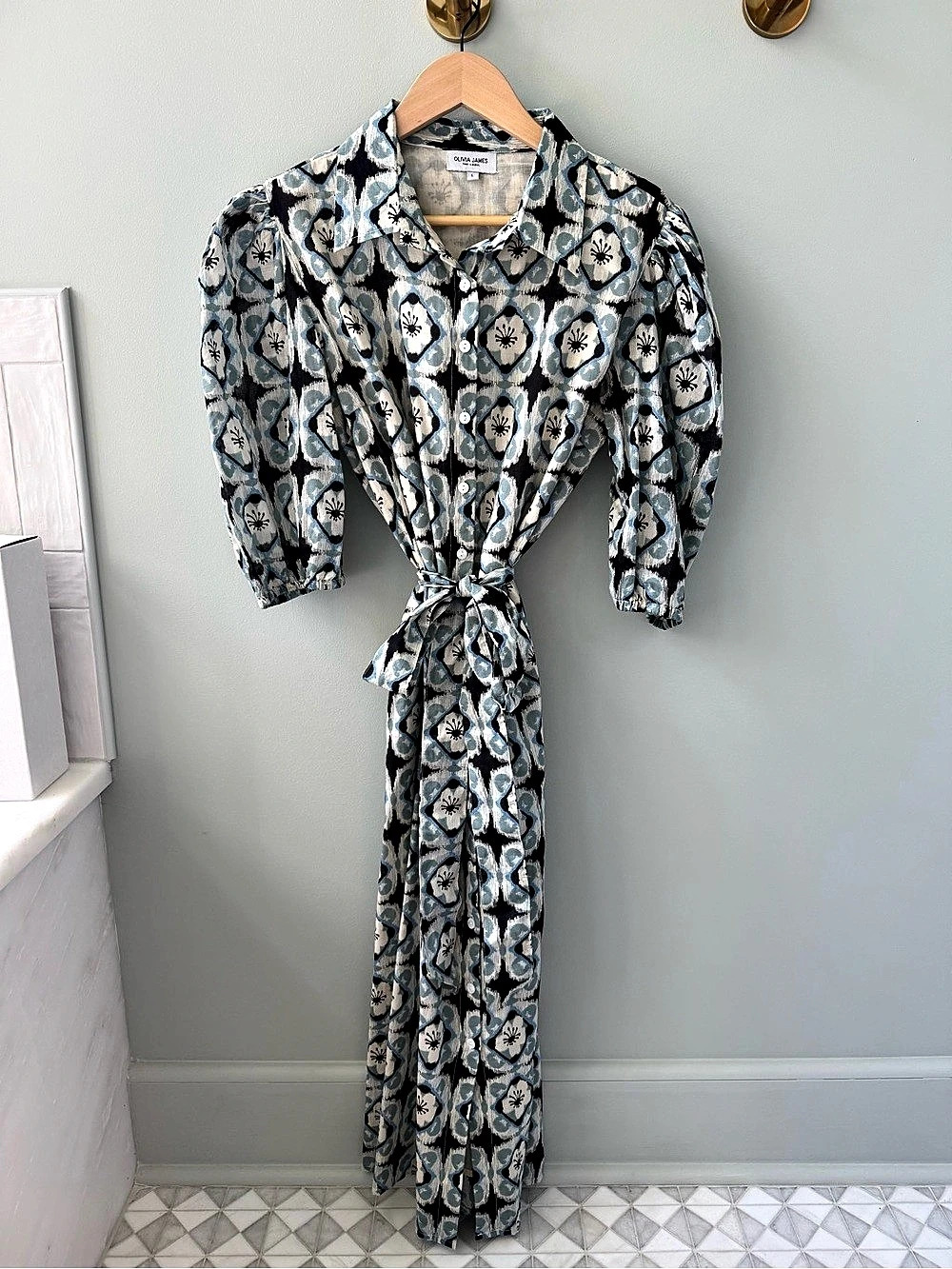 Olivia James The Label Ikat Geometric Maxi Dress in Blue & Black Size Large